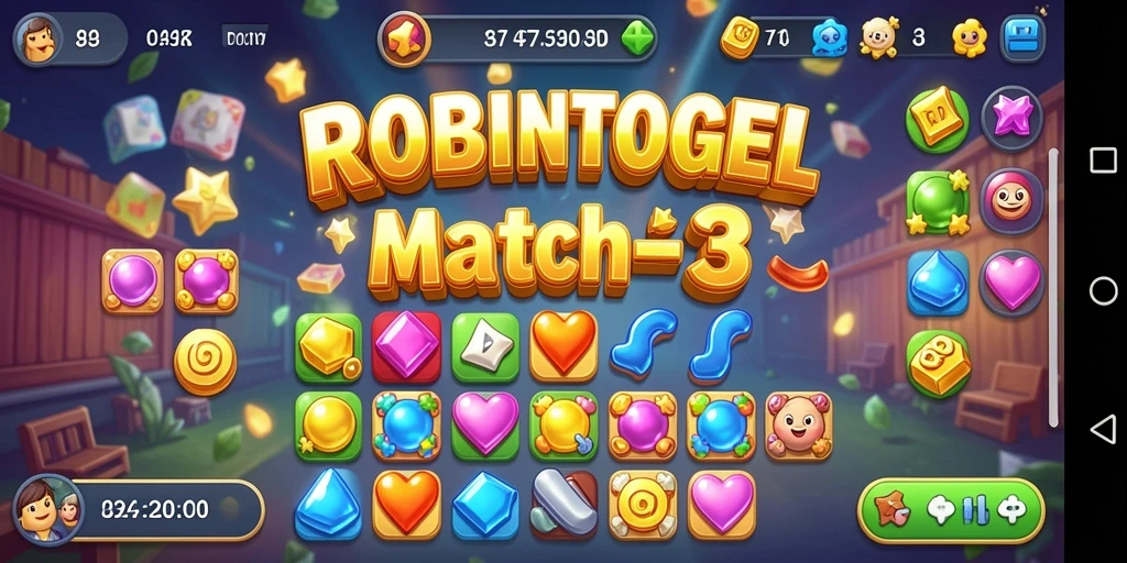 Tangkapan layar gameplay ROBINTOGEL menampilkan serunya permainan Match-3.